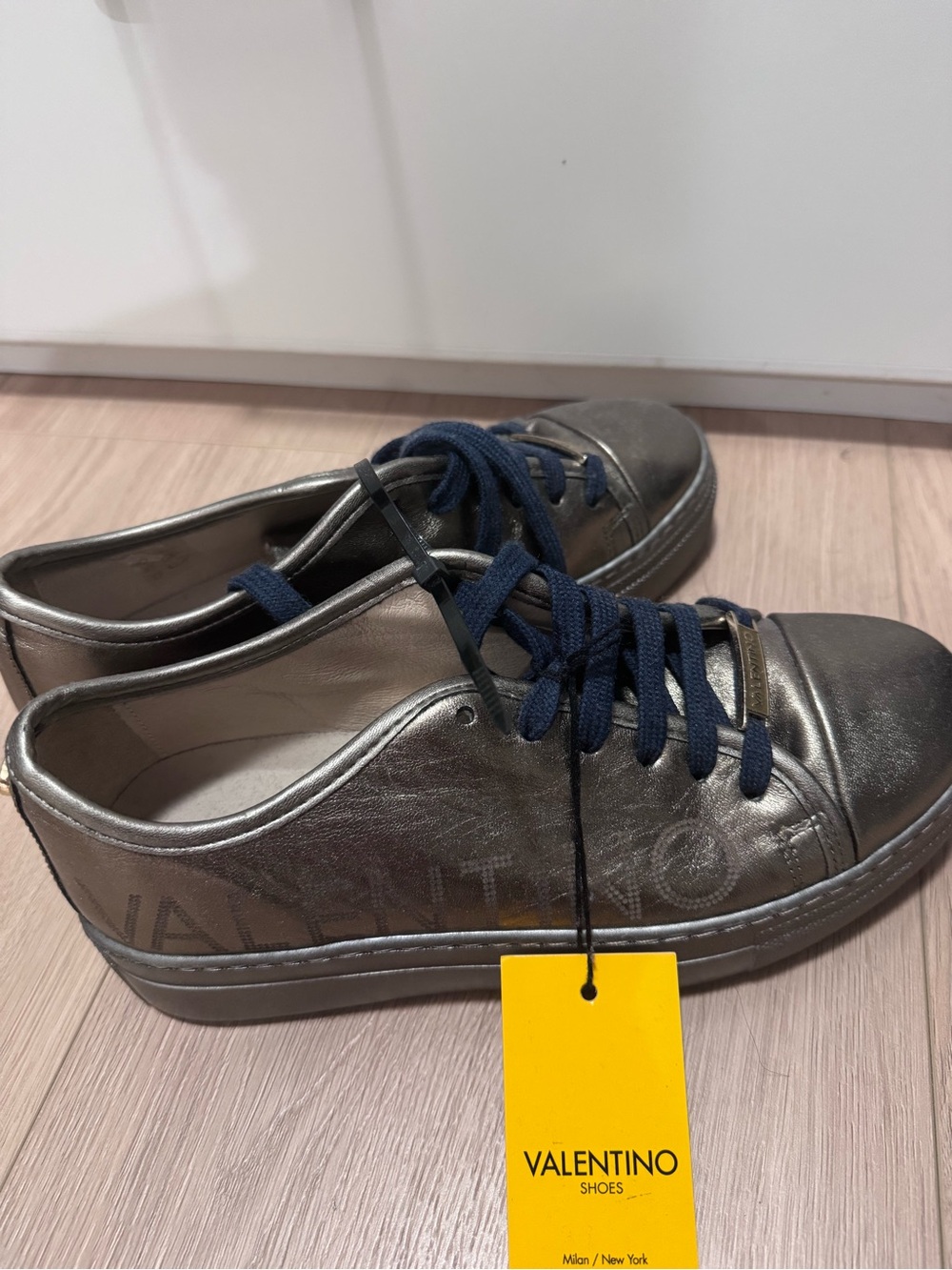 Valentino Metallic Pewter Low-Top Sneakers with Navy Laces